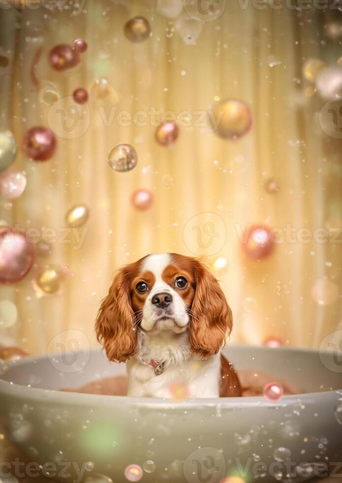 Cute Cavalier King Charles Spaniel dog in a small bathtub with soap foam and bubbles, cute pastel colors, . photo