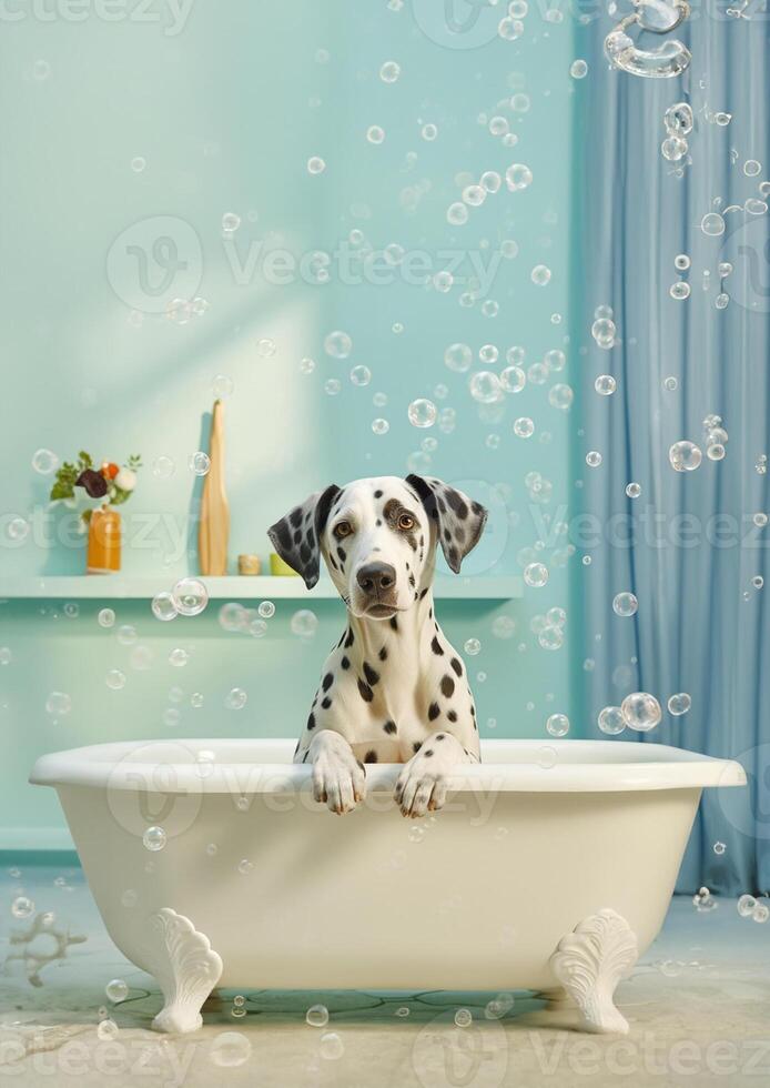 linda dálmata perro en un pequeño bañera con jabón espuma y burbujas, linda pastel colores, generativo ai. foto