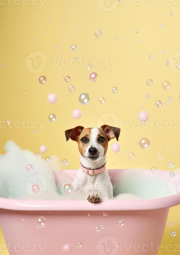 linda Jack Russell terrier perro en un pequeño bañera con jabón espuma y burbujas, linda pastel colores, generativo ai. foto