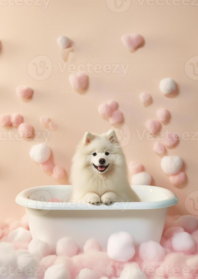 linda americano esquimal perro en un pequeño bañera con jabón espuma y burbujas, linda pastel colores, generativo ai. foto