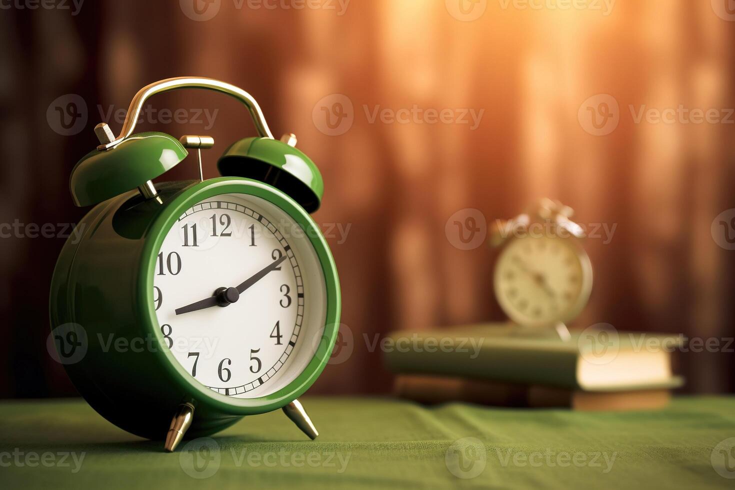 Alarm clock on the green table background. photo