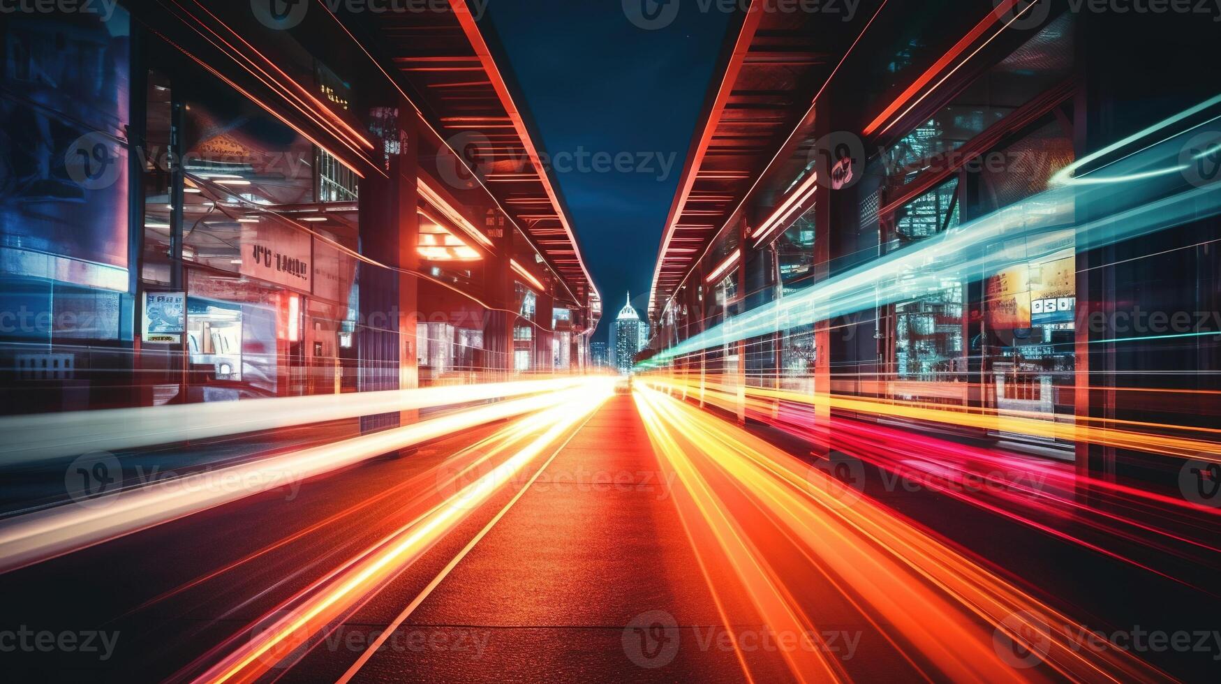 Abstract dynamic speed light trails with long exposure in an urban environment. photo
