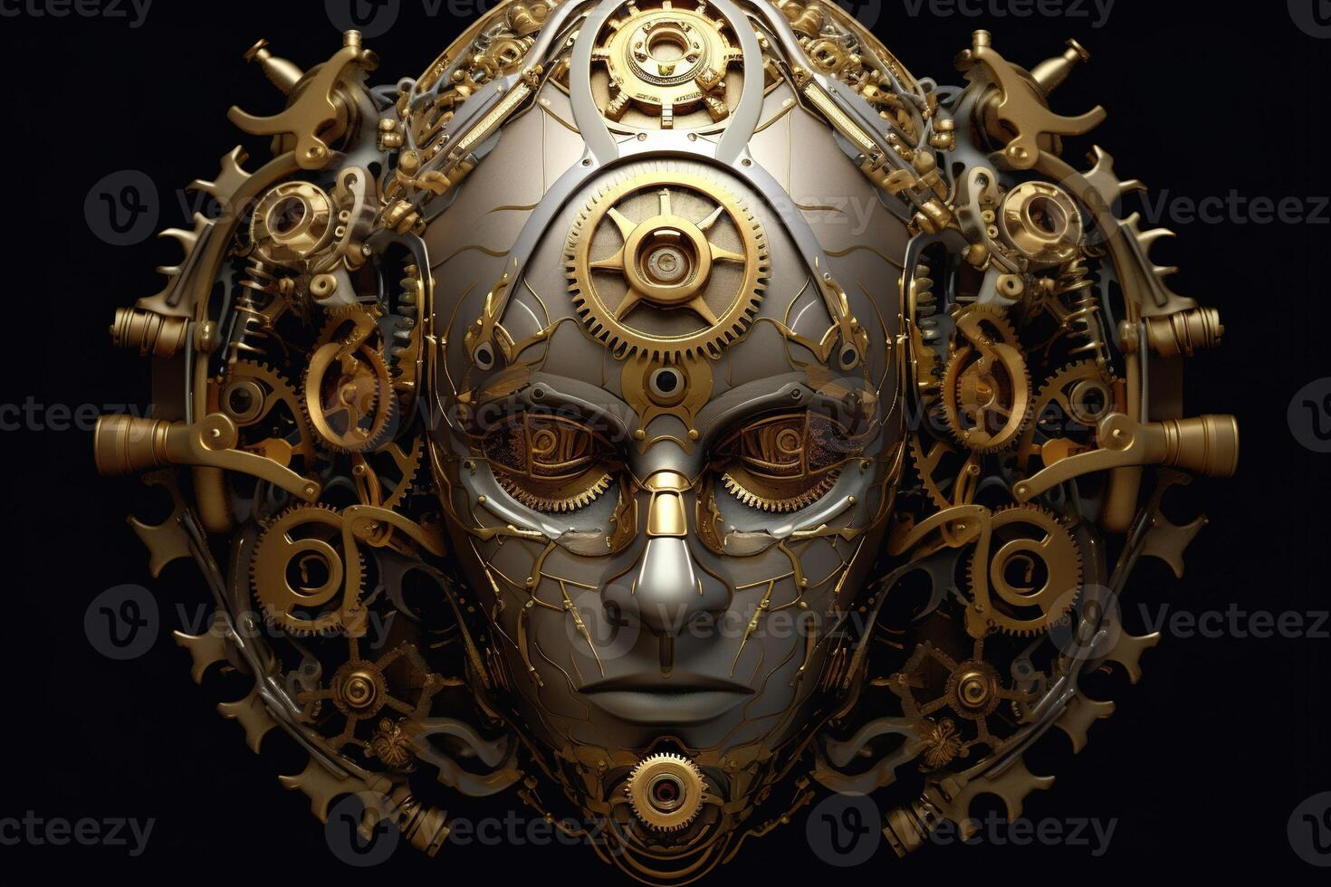 a robot head face made of gears and clock. metal parts, steam punk. photo
