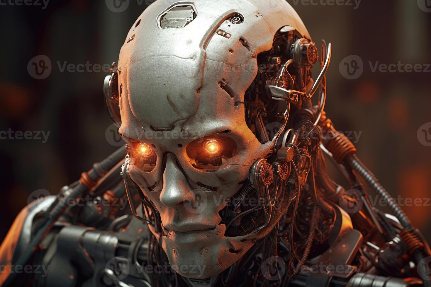 A future cyborg robot head with red light eyes that is frightening. photo