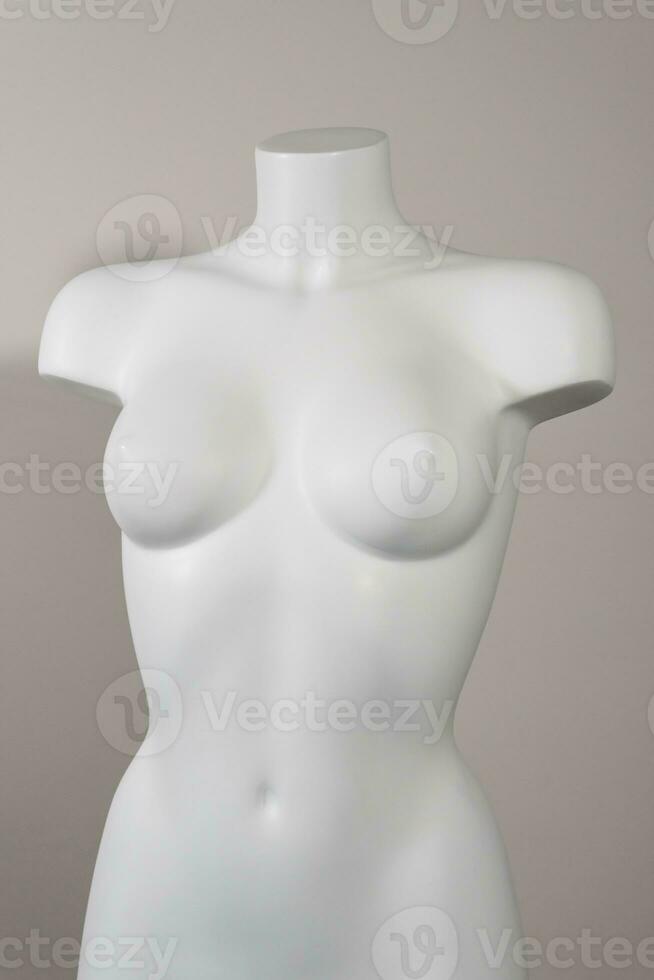 White mannequin or dressmakers dummy on light background, close-up photo