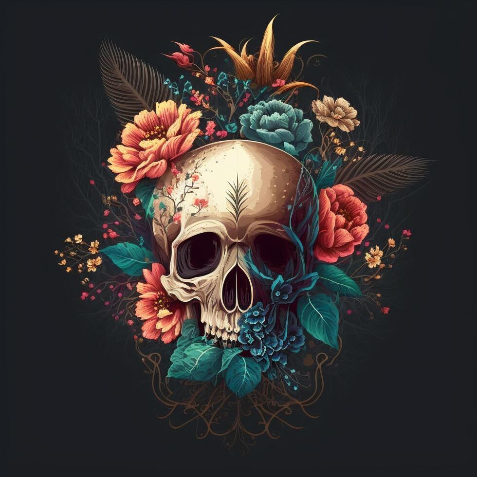 Skull decoration with flower or floral, photo