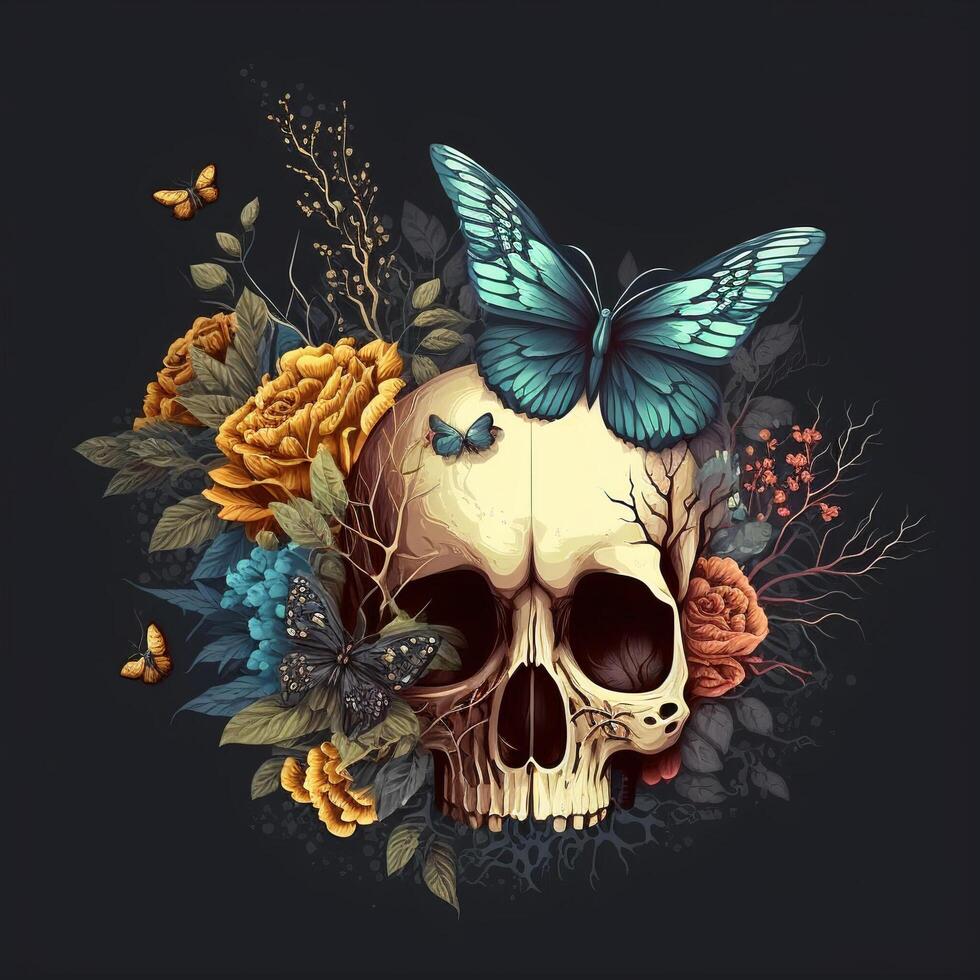 cráneo decoración con flor o floral, ai generado foto