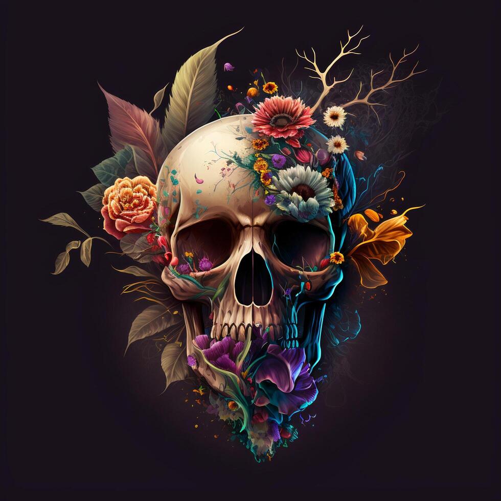 cráneo decoración con flor o floral, ai generado foto