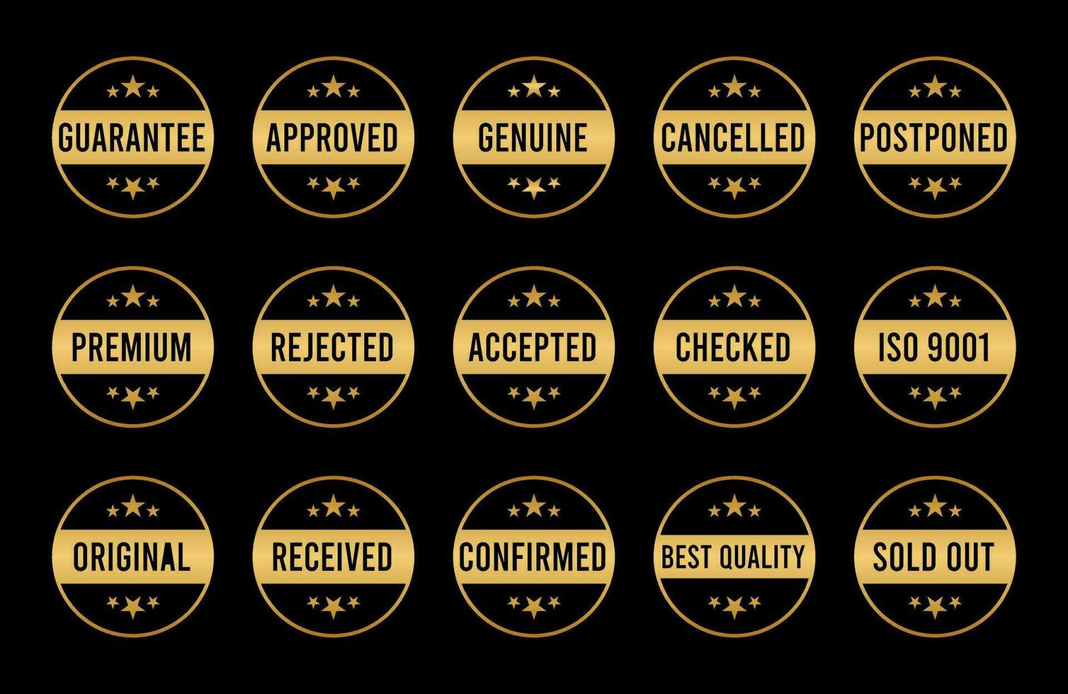 Gold Stamp design set - premium quality, guaranteed, approved, sold out, postponed, confirmed, genuine, original. vector