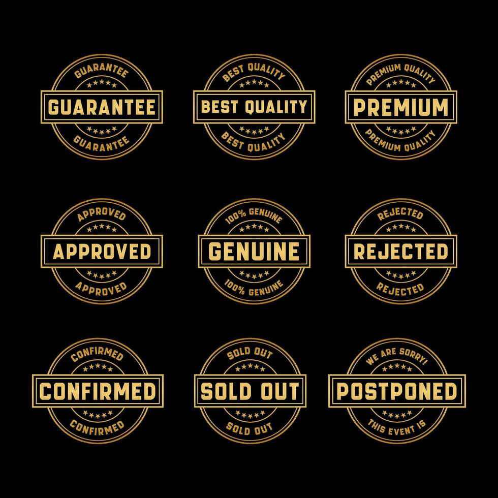 Gold Stamp design set - premium quality, guaranteed, approved, sold out, postponed, confirmed, genuine, original. vector