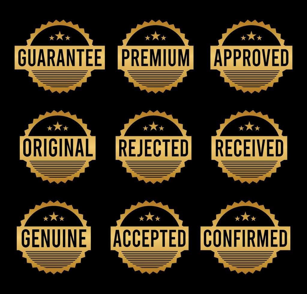 Gold Stamp design set - premium quality, guaranteed, approved, sold out, postponed, confirmed, genuine, original. vector