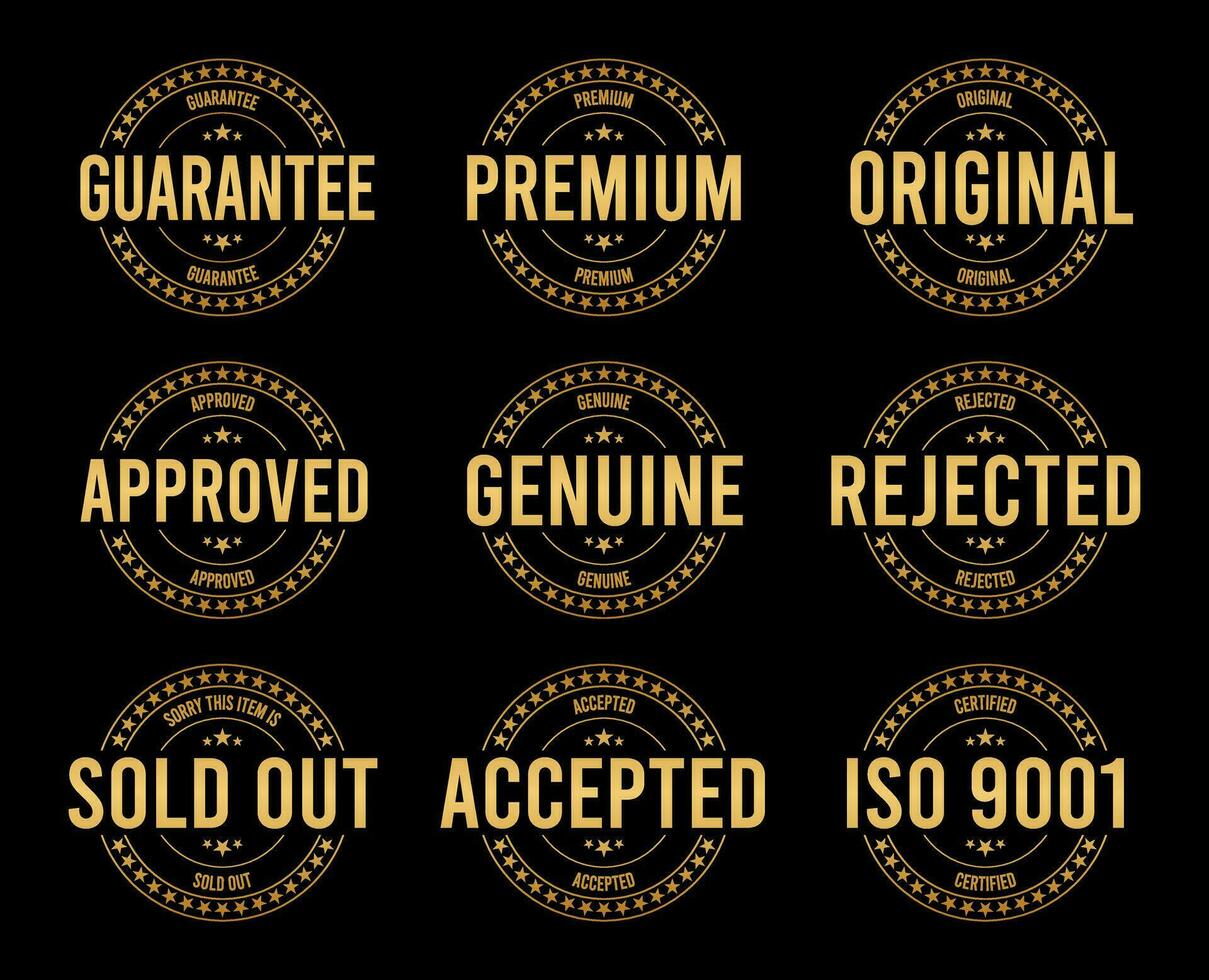 oro sello diseño conjunto - prima calidad, garantizado, aprobado, vendido afuera, pospuesto, confirmado, genuino, original. vector