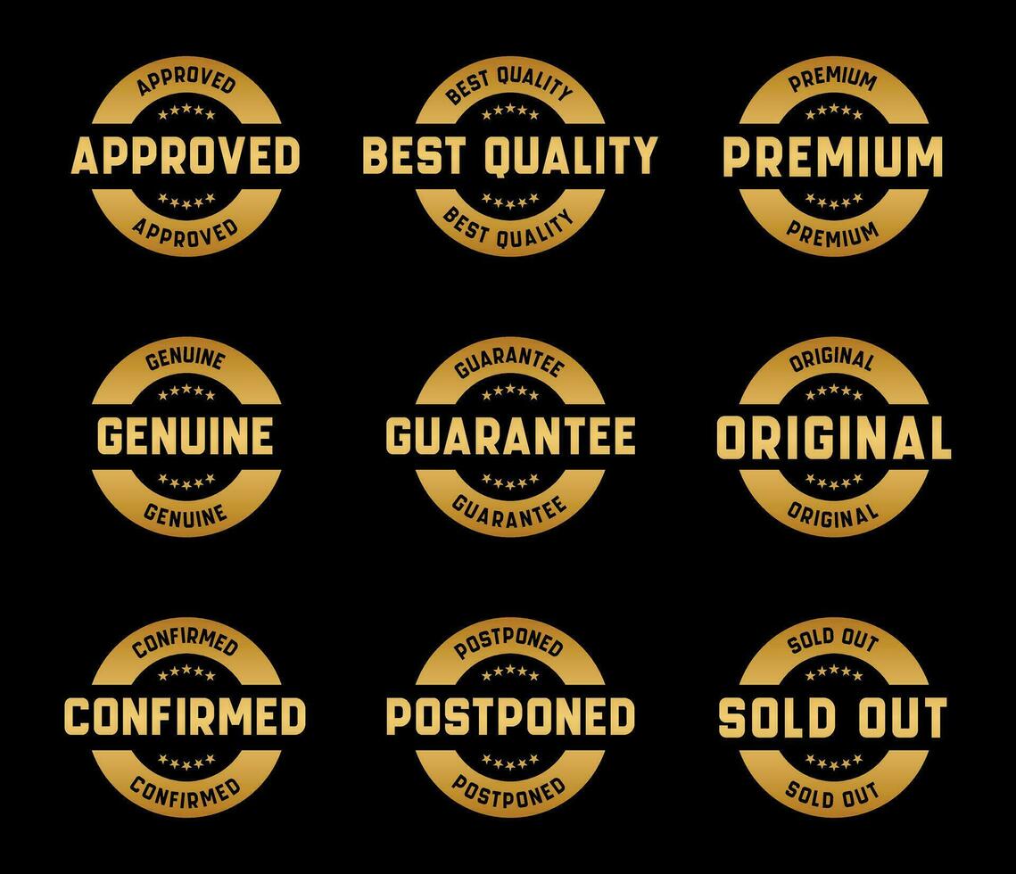 Gold Stamp design set - premium quality, guaranteed, approved, sold out, postponed, confirmed, genuine, original. vector