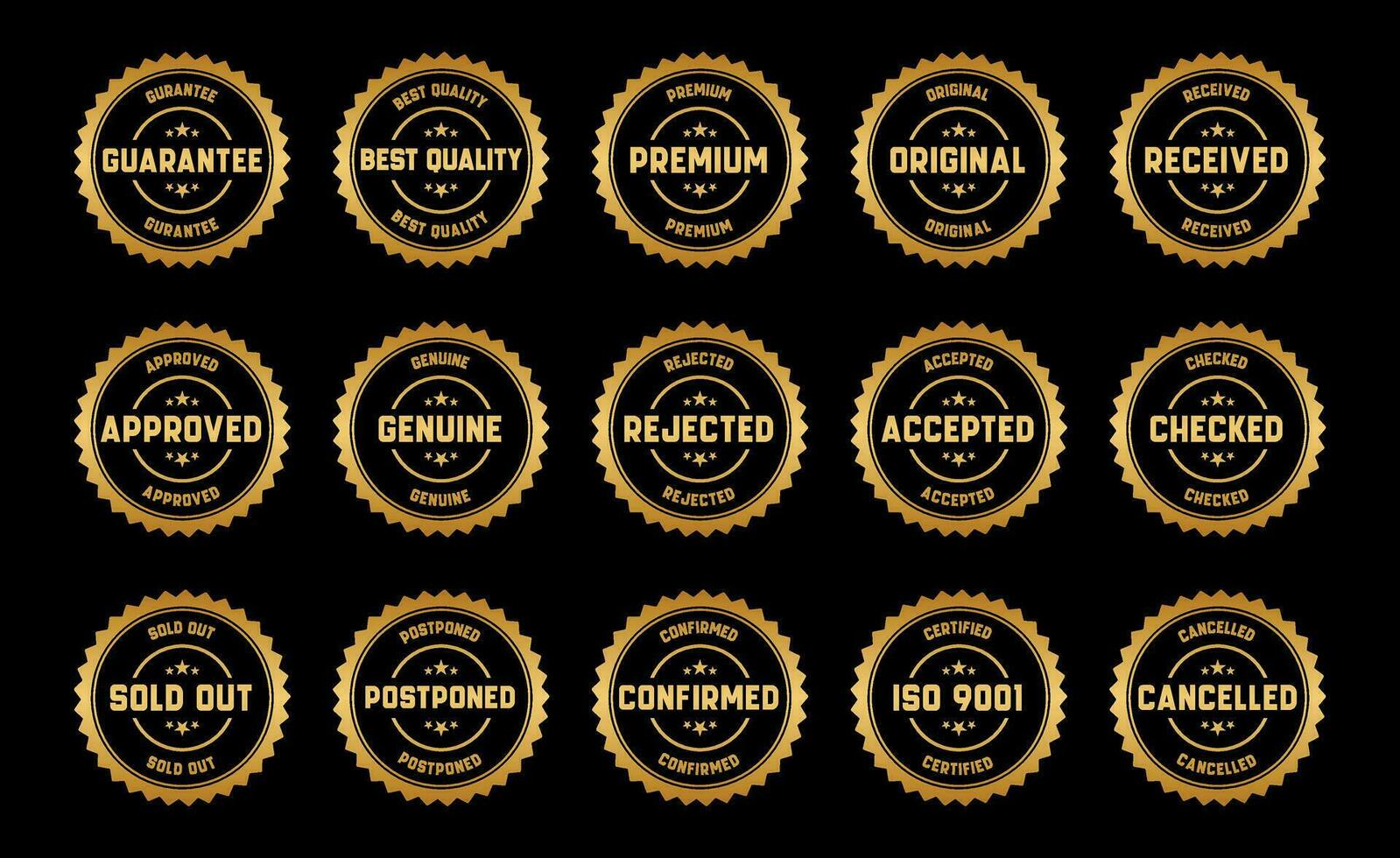 Gold Stamp design set - premium quality, guaranteed, approved, sold out, postponed, confirmed, genuine, original. vector