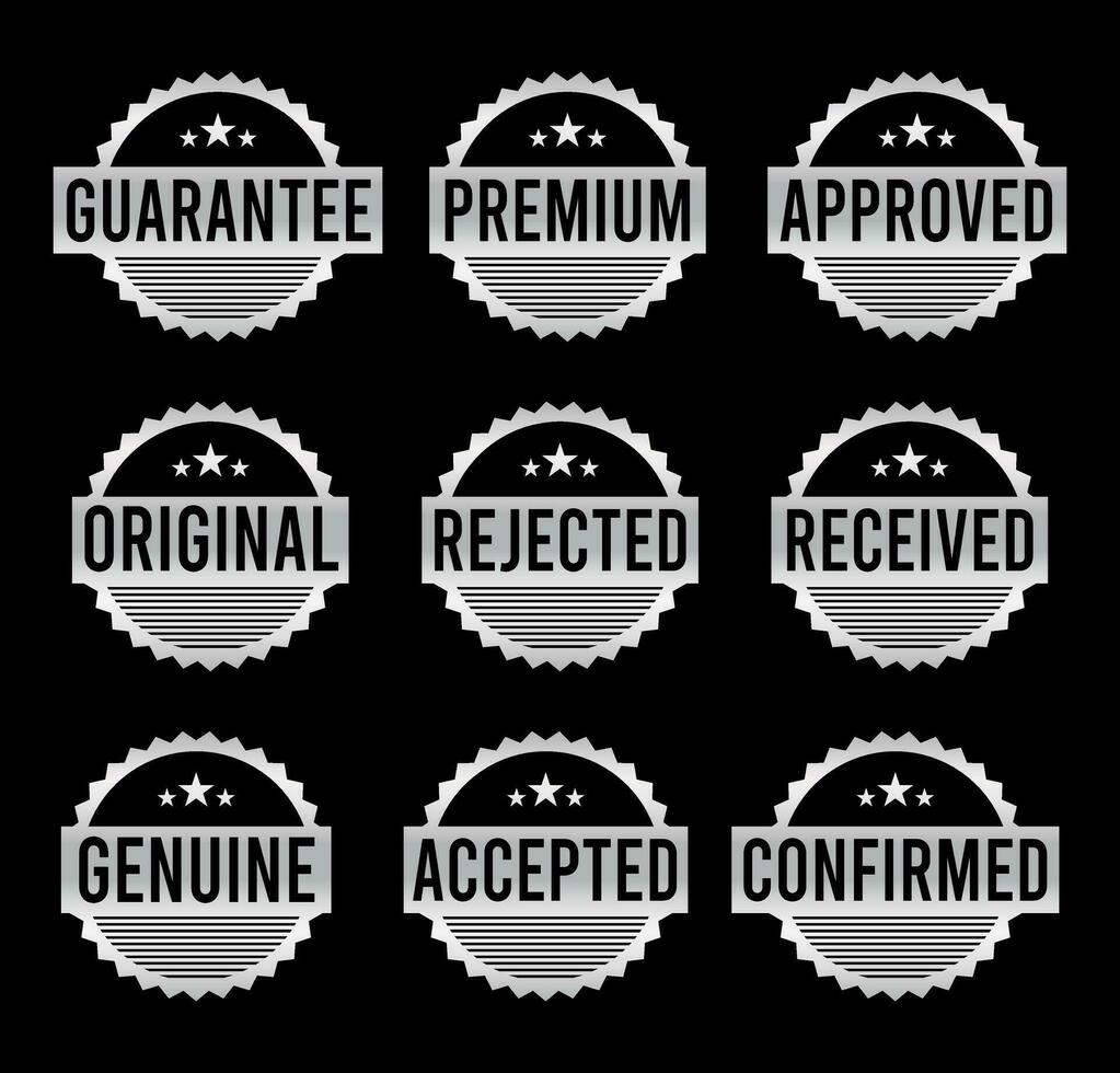 Silver Stamp design set - premium quality, guaranteed, approved, sold out, postponed, confirmed, genuine, original. vector