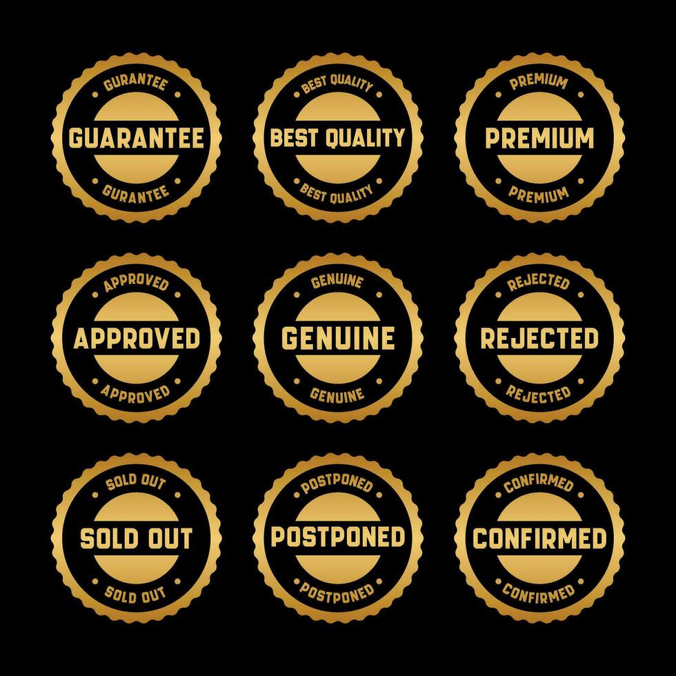 Gold Stamp design set - premium quality, guaranteed, approved, sold out, postponed, confirmed, genuine, original. vector