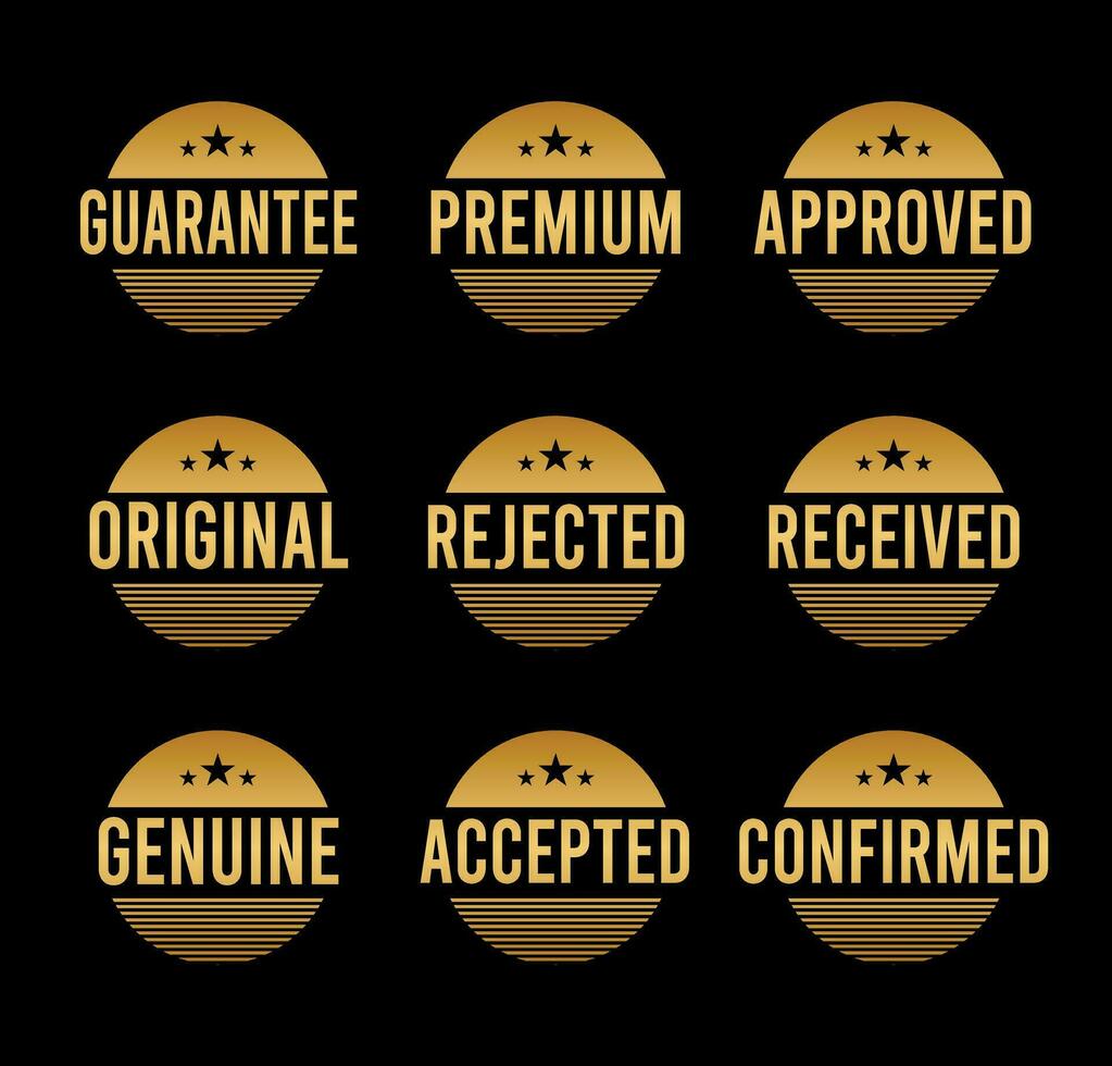 Gold Stamp design set - premium quality, guaranteed, approved, sold out, postponed, confirmed, genuine, original. vector