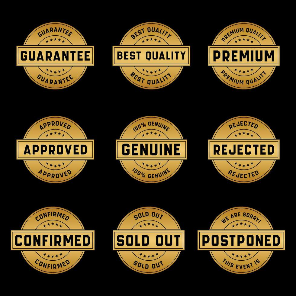 oro sello diseño conjunto - prima calidad, garantizado, aprobado, vendido afuera, pospuesto, confirmado, genuino, original. vector