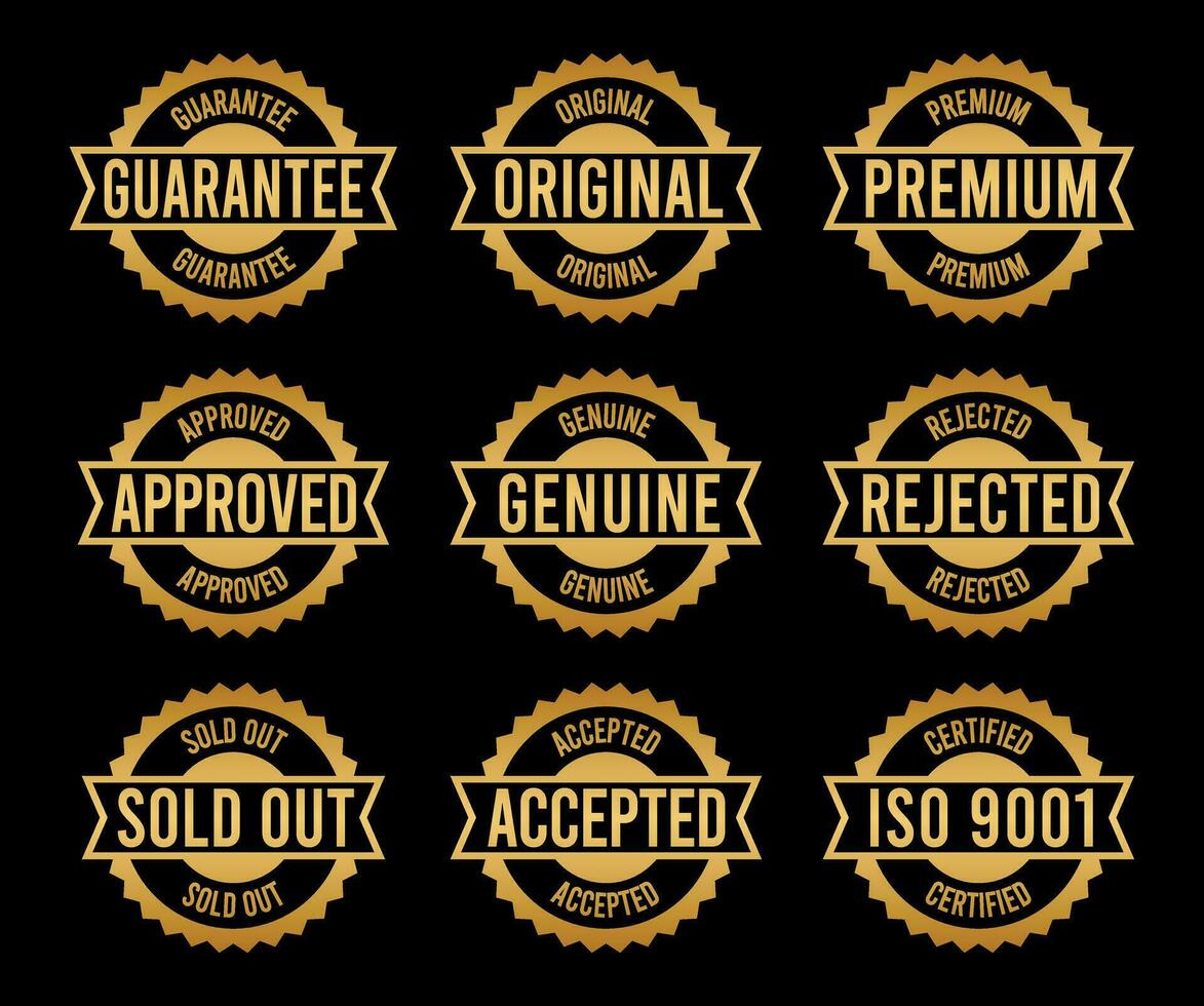 Gold Stamp design set - premium quality, guaranteed, approved, sold out, postponed, confirmed, genuine, original. vector