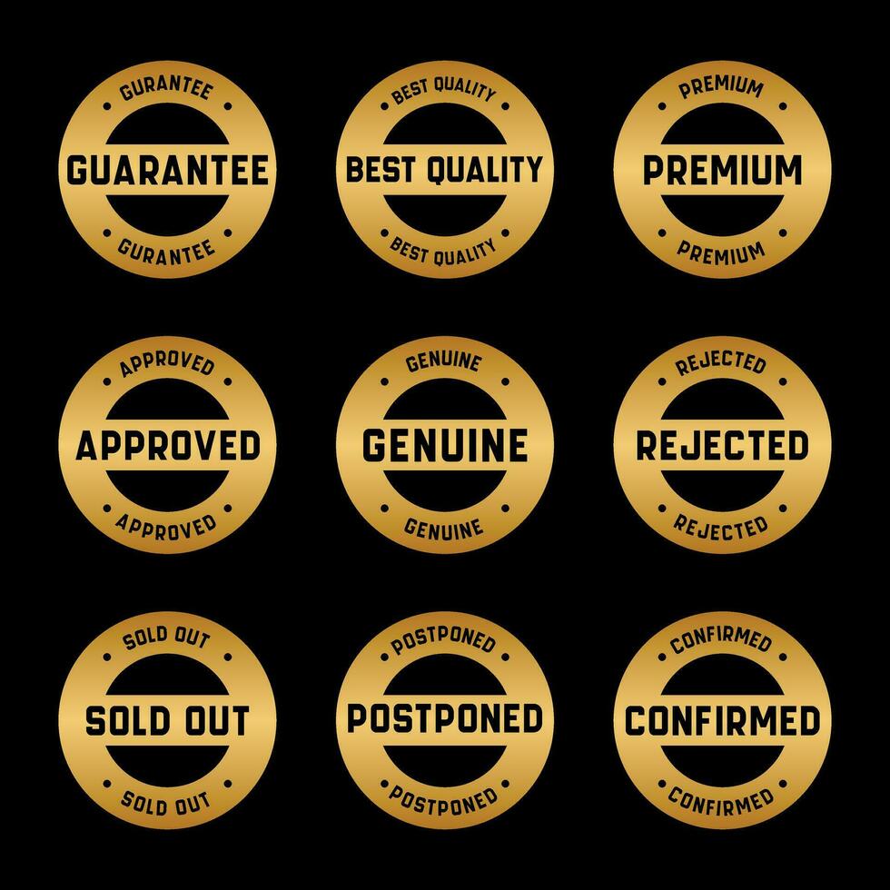 Gold Stamp design set - premium quality, guaranteed, approved, sold out, postponed, confirmed, genuine, original. vector