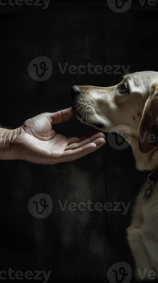 un hombre golpes un perro. el mano toques el perro. generativo ai. foto