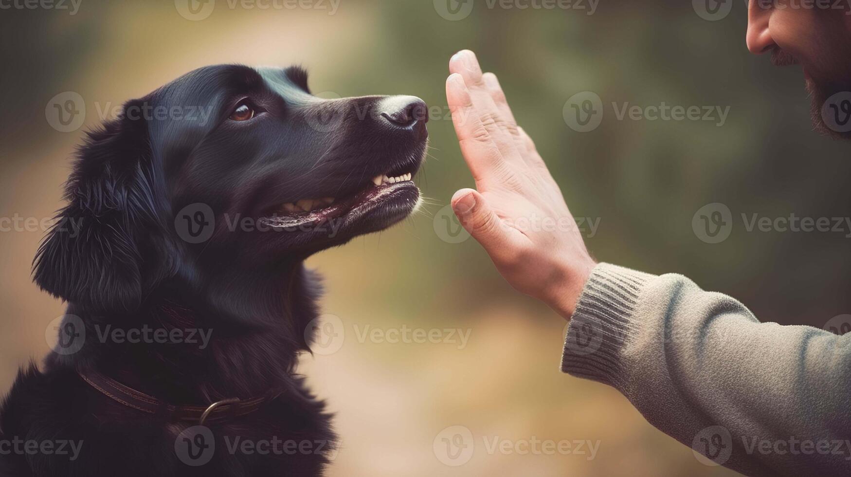A man trains a black dog. A man gives a command to a dog. The hand shows the command to the dog. . photo