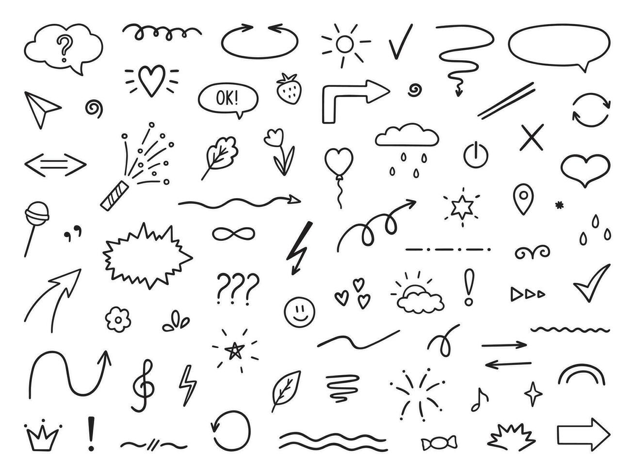 Hand drawn set of abstract doodle elements. Decorative illustrations in sketch style. Arrows, heart, stars, flowers, hearts, signs and symbols. Vector illustration isolated on white background