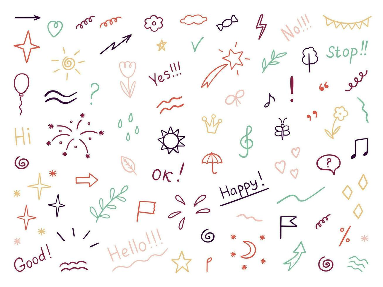 Hand drawn set of abstract doodle elements. Decorative illustrations in sketch style. Arrows, heart, stars, flowers, hearts, signs and symbols. Vector illustration isolated on white background