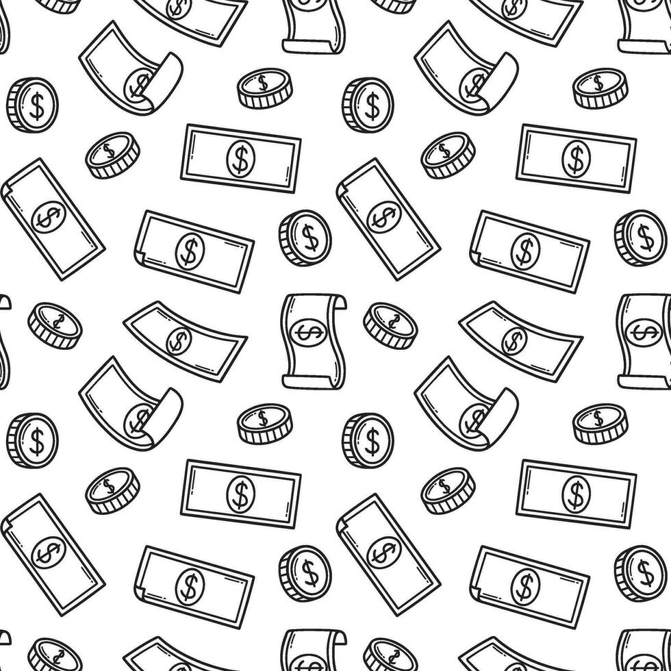 Seamless pattern of raining money doodle. Falling Dollar Banknotes, gold coins in sketch style. Vector illustration