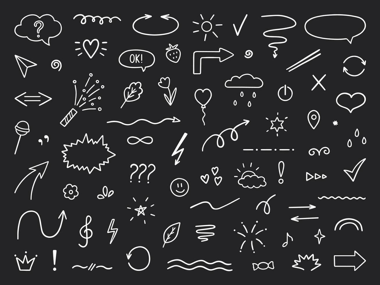 Hand drawn set of abstract doodle elements. Decorative illustrations in sketch style. Arrows, heart, stars, flowers, hearts, signs and symbols. Vector illustration isolated on black background