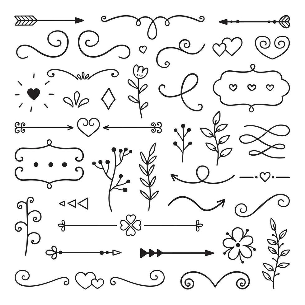 Decorative elements doodle set. Boho arrows, ribbons, text dividers. Divider ornament, borders, lines. Hand drawn vector illustration isolated on white background