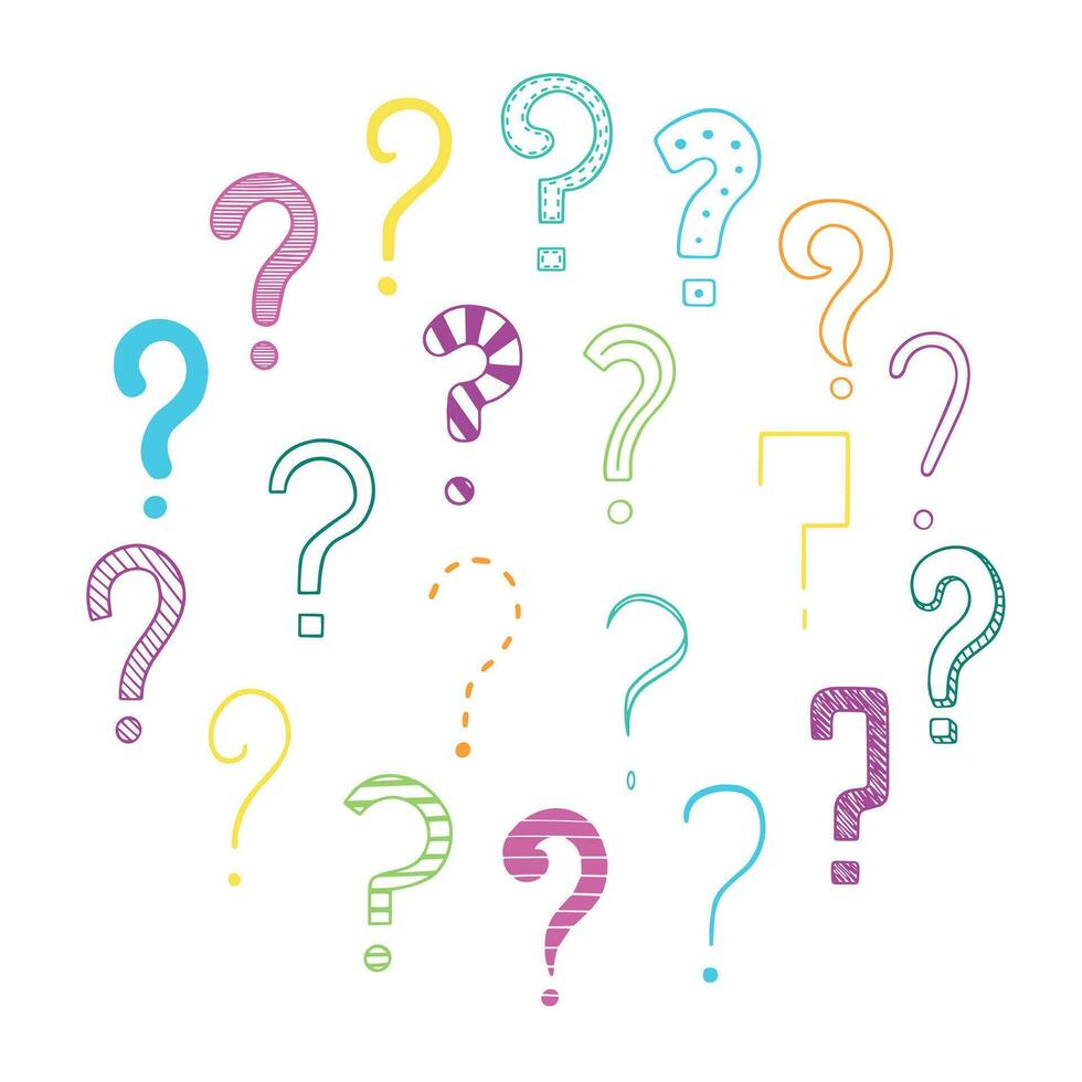 Hand drawn set of question marks doodle. Different interrogation signs in sketch style.  Vector illustration isolated on white background.