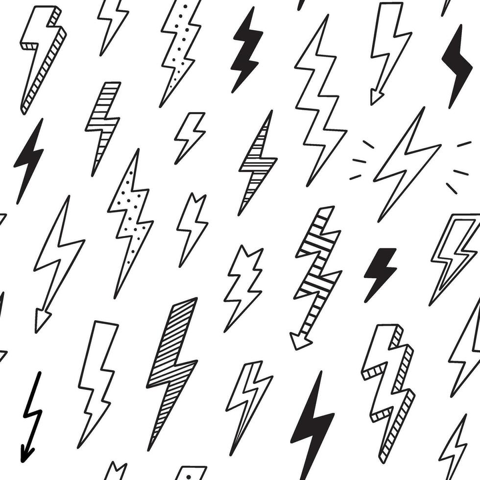 Lightning doodle set. Thunder in sketch style. Hand drawn vector illustration isolated on white background