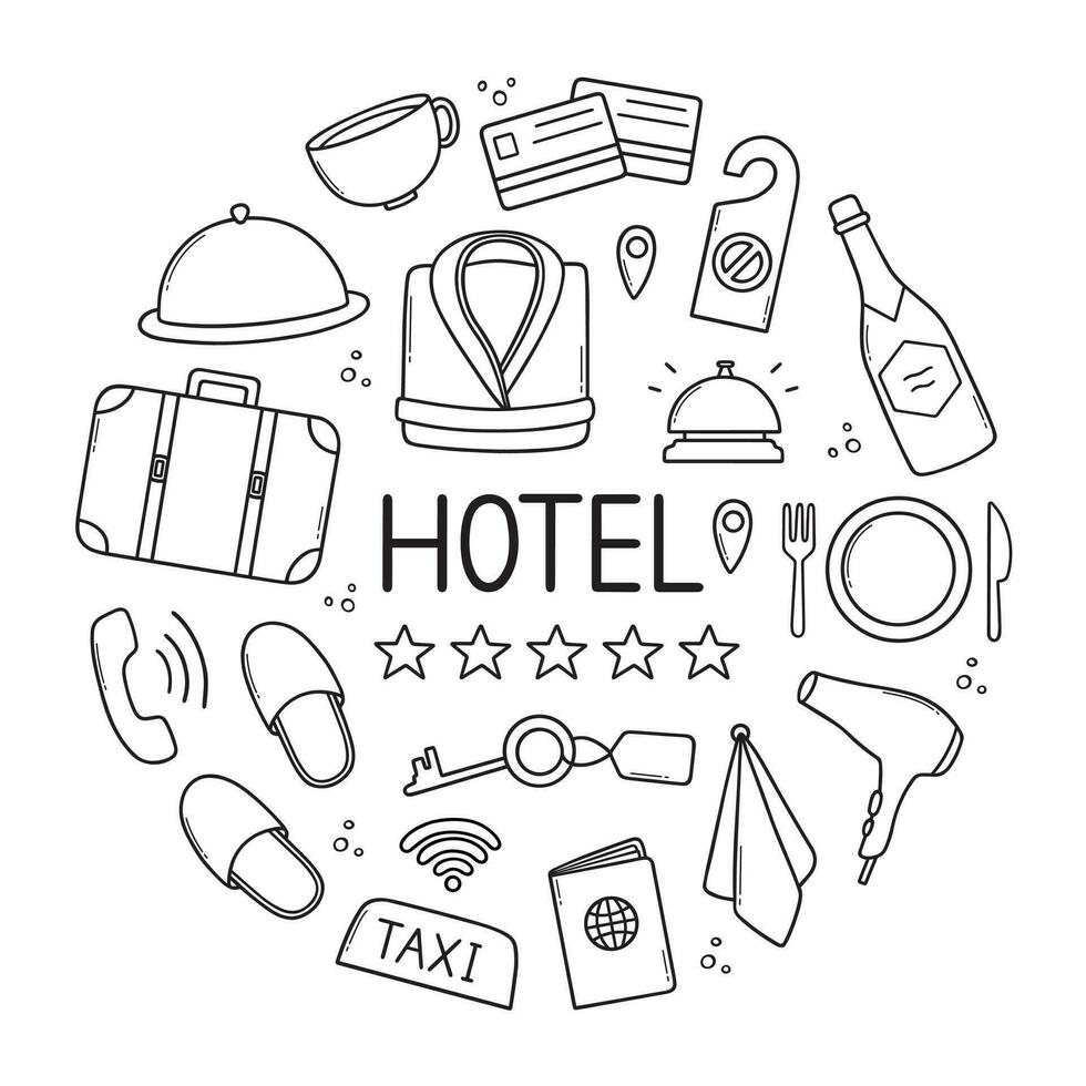 Hotel service doodle set. Suitcase, passport, bathrobe, dryer in sketch style. Hand drawn vector illustration isolated on white background