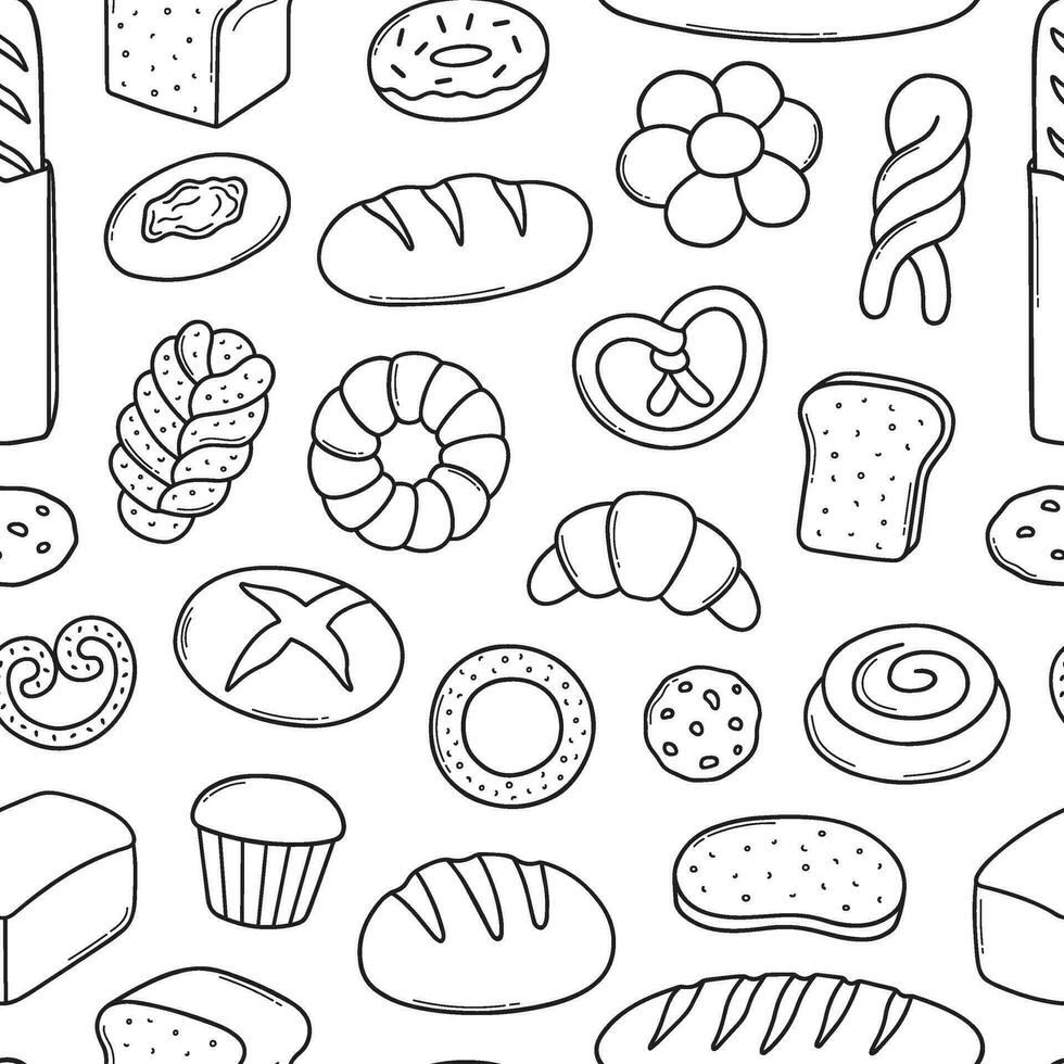 Seamless pattern of bread and bakery doodle set. Bagel, croissant, baguette, bun, cookie, donut, sliced bread in sketch style. Hand drawn vector illustration