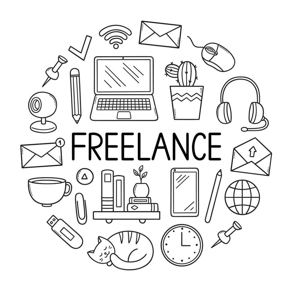 Freelance doodle set. Home office in sketch style. Work from home concept. Hand drawn vector illustration isolated on white background.