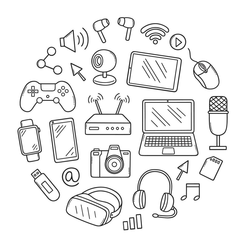 Gadgets doodle set. Keyboard, headphones, computer mouse, watch, in sketch style. Hand drawn vector illustration isolated on white background