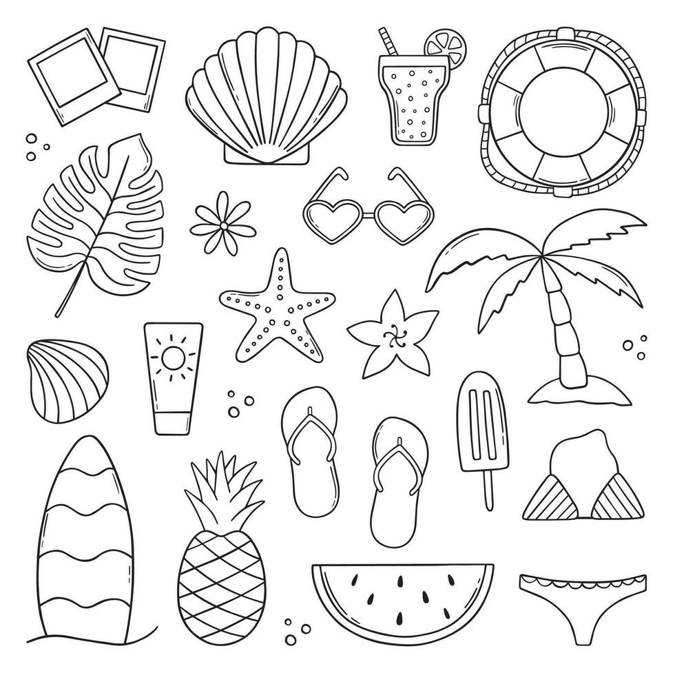 Hand drawn set of summer doodle.  Summer beach elements in sketch style.  Vector illustration isolated on white background.