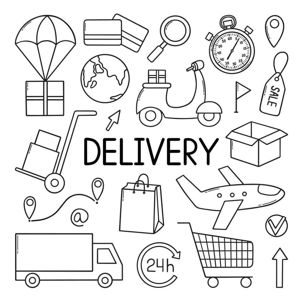 Delivery service doodle set. Online shopping in sketch style.  Hand drawn vector illustration isolated on white background.