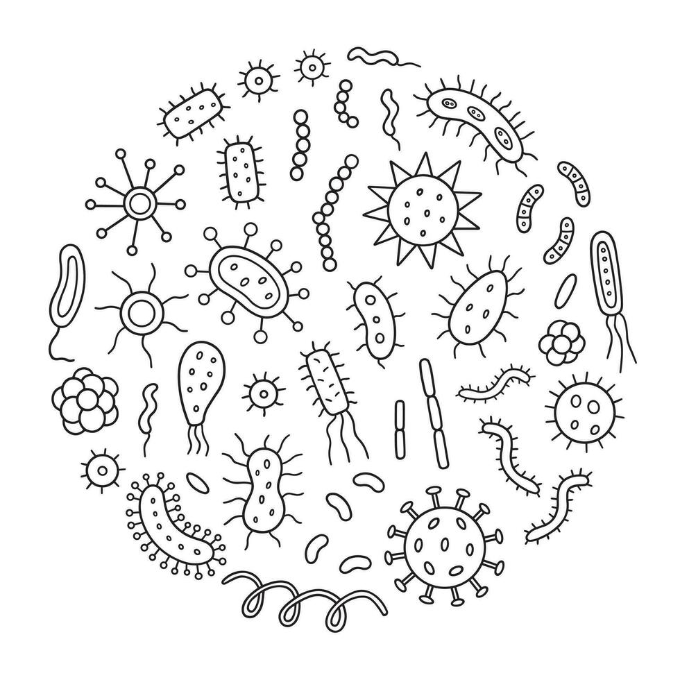 Bacteria and Viruses doodle set. Microorganism in sketch style. Hand drawn vector illustration isolated on white background