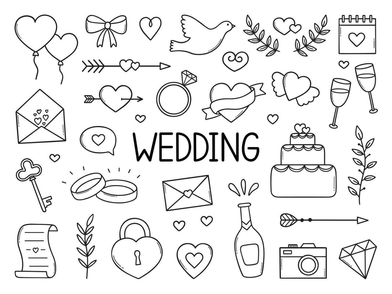 Wedding doodle set.  Marriage symbols. Rings, dove, champagne, hearts in sketch style. Hand drawn vector illustration isolated on white background