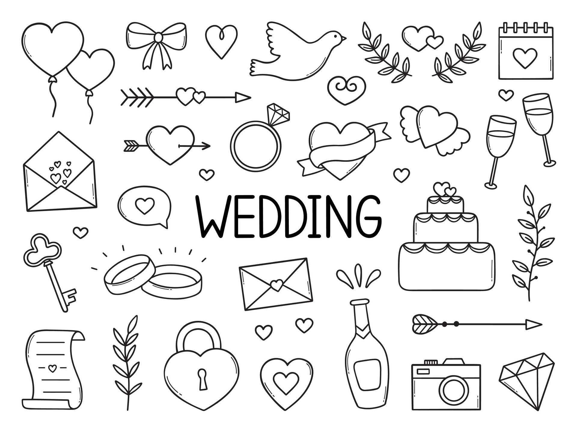 Wedding doodle set. Marriage symbols. Rings, dove, champagne, hearts in  sketch style. Hand drawn vector illustration isolated on white background  25773012 Vector Art at Vecteezy