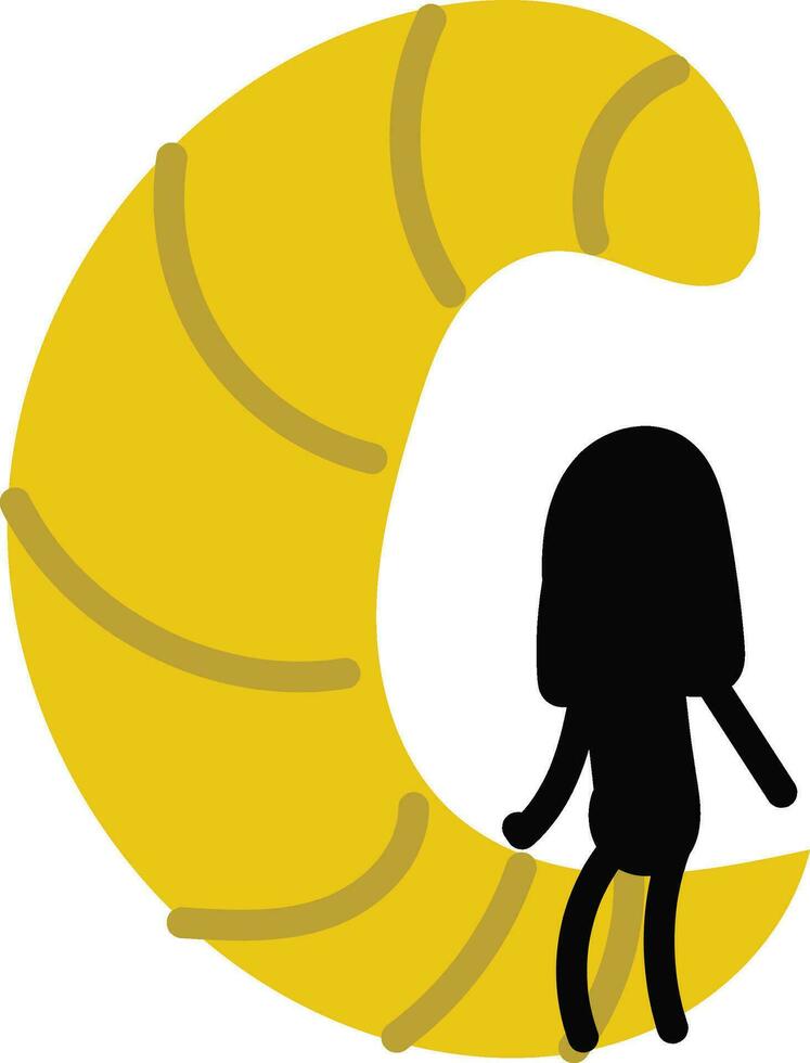 Little girl sitting on croissant painted by a child. Kid's drawing. Hand-drawn picture vector