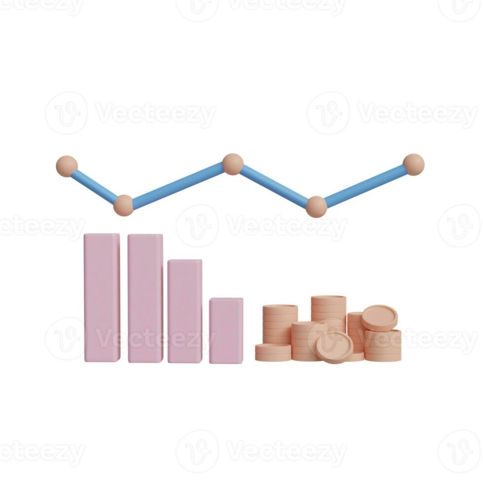 Coins and bars graph concept showing finance, investment, business, stock rise and fall. 3D rendering photo