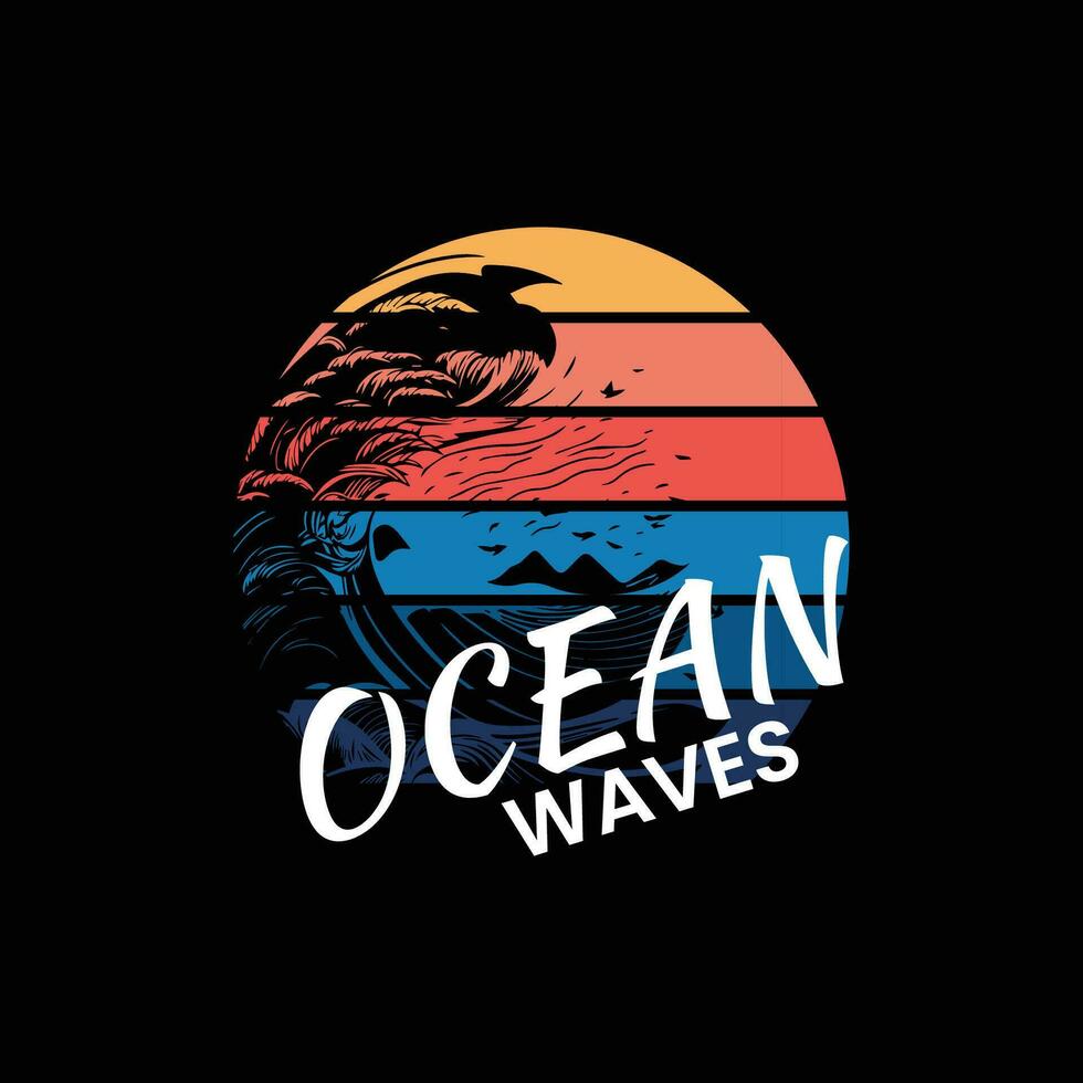 ocean waves illustration. summer t shirt design. ocean waves outdoor retro t shirt design. vector