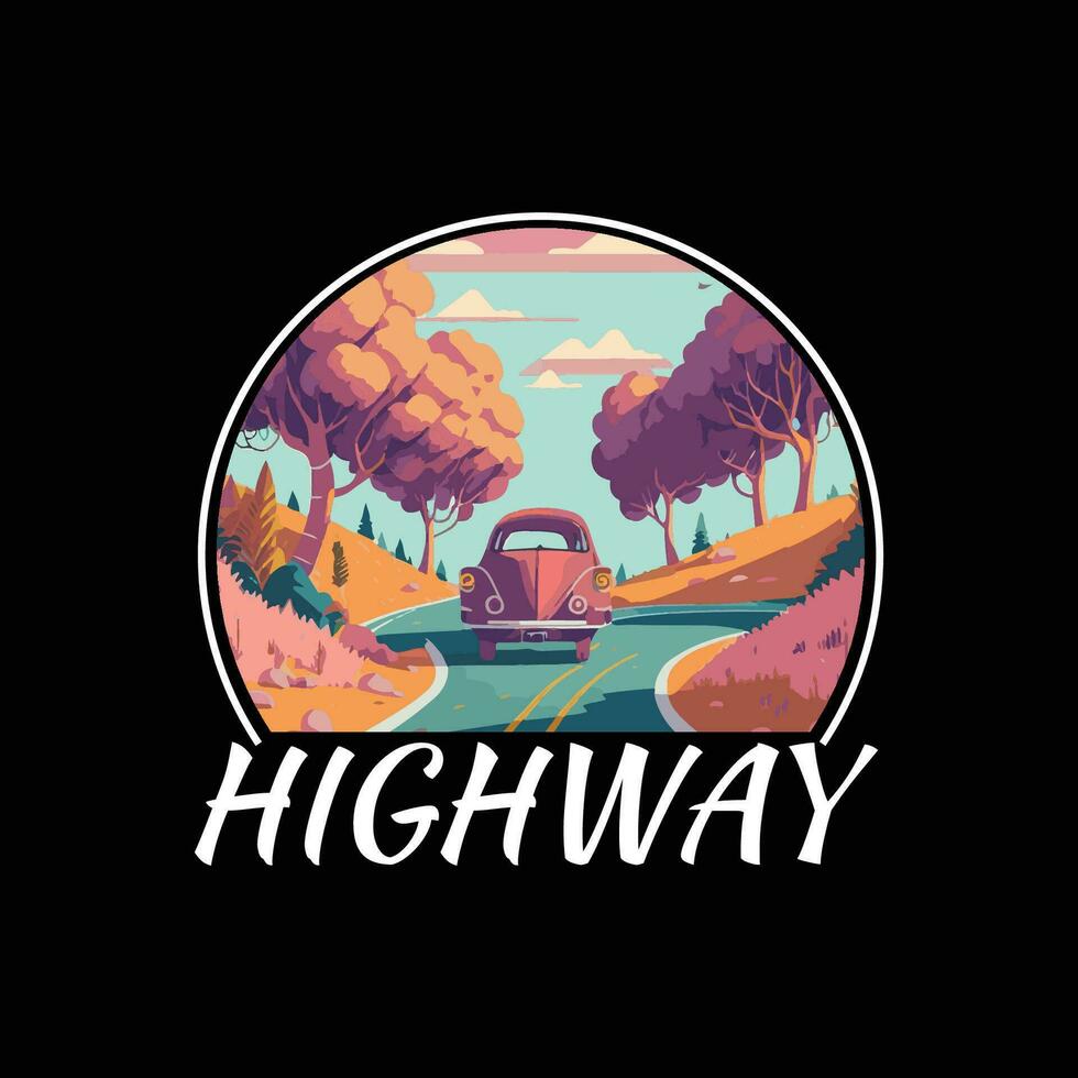 highway travel t shirt design. highway with car illustration. vector