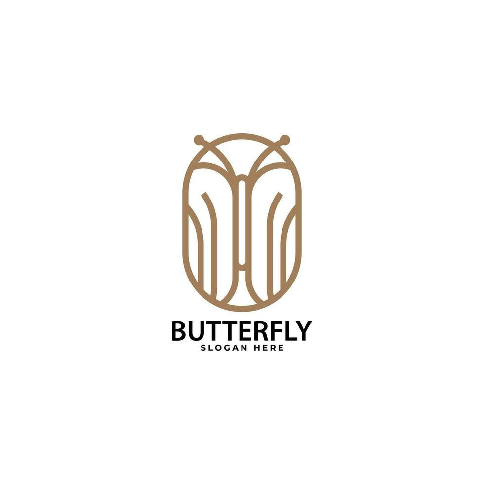 Pretty butterfly logo. Golden Butterfly in a Circle in simple minimalistic line art monoline style. Vector Icon Illustration