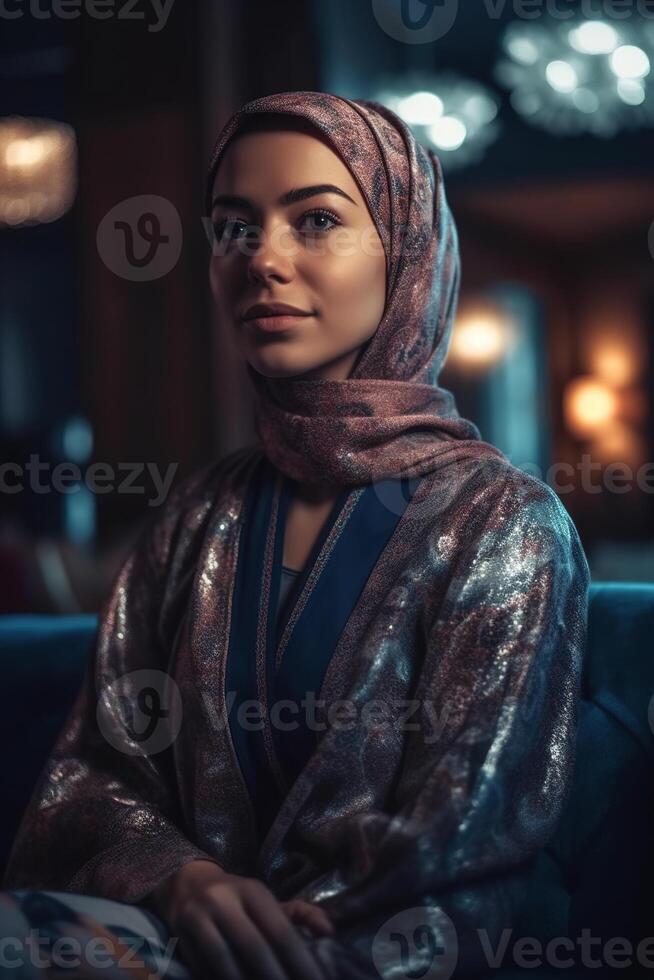 ai generado retrato de un musulmán mujer vistiendo un hijab foto