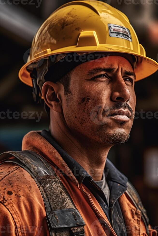 Photo closeup of a worker in a hard hat
