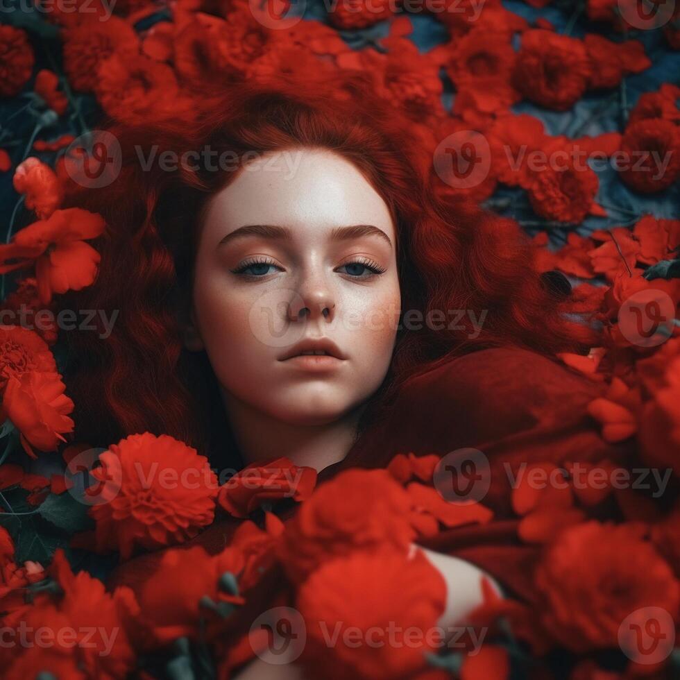 Portrait of a woman lying among flowers photo